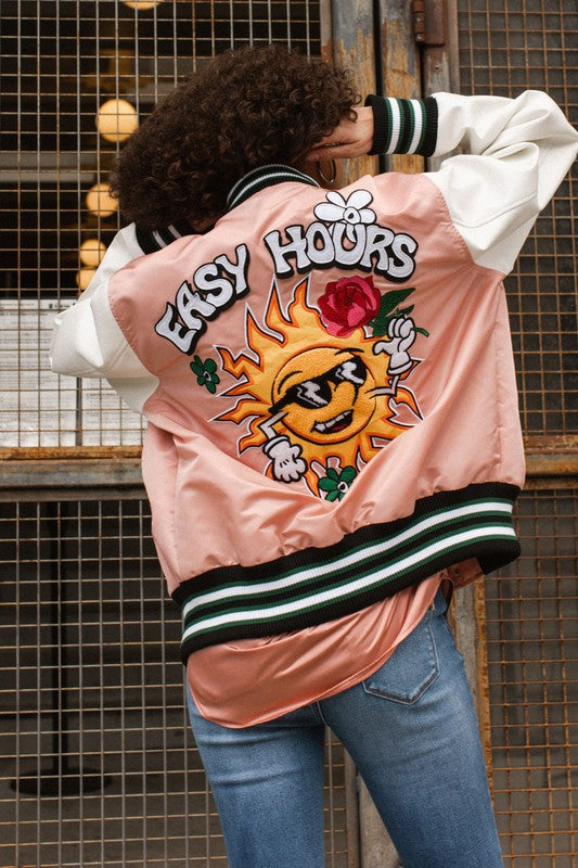 Rose & Sun Character Pink Varsity Jacket by First Row Denim